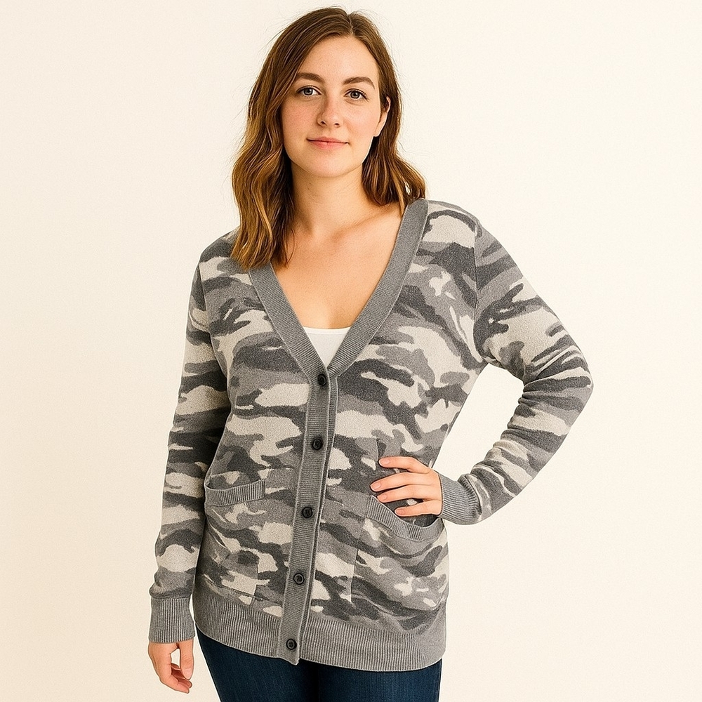 Lucky Brand Womens Camouflage Button Front Tunic Cardigan Sweater Gray Size XS
